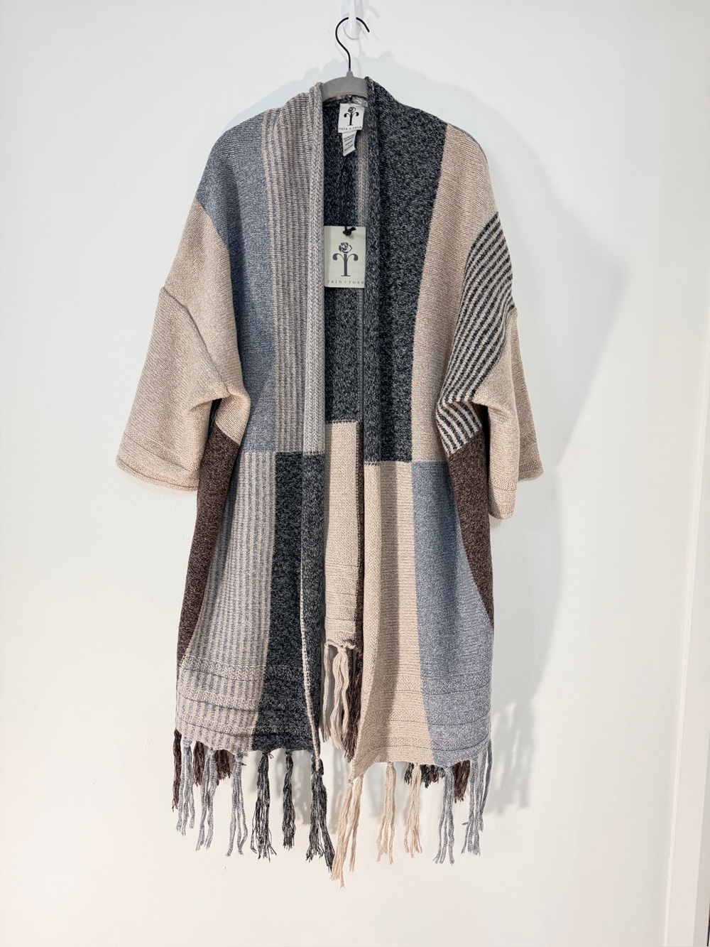Layered Neutral Patchwork Fringe Cardigan Shrug